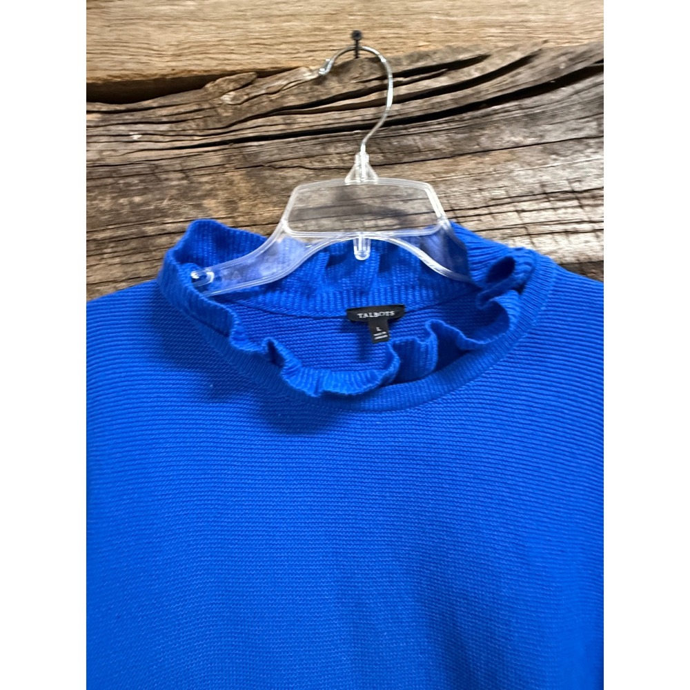 Talbots Royal Blue Ruffle Mock Neck Ribbed Knit Sweater Large - Picture 2 of 5